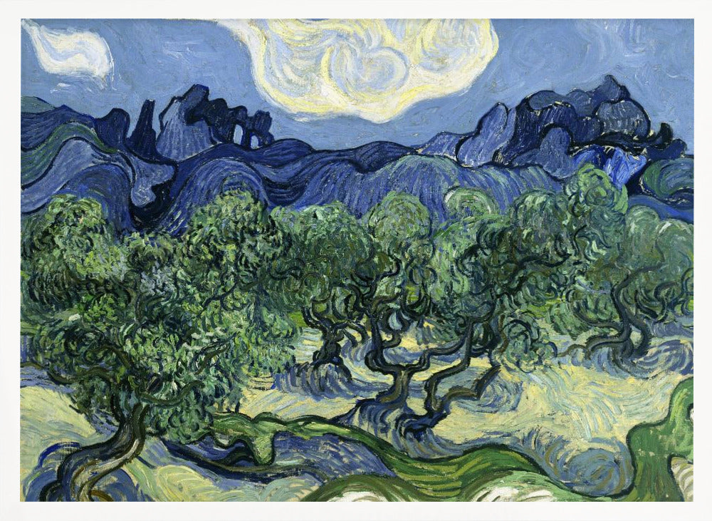 A framed post-impressionist painting by Vincent van Gogh depicting a vibrant landscape of gnarled green olive trees against a backdrop of rolling dark blue mountains under a swirling, stylized sky. Artwork