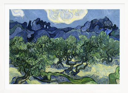 A framed post-impressionist painting by Vincent van Gogh depicting a vibrant landscape of gnarled green olive trees against a backdrop of rolling dark blue mountains under a swirling, stylized sky. Artwork