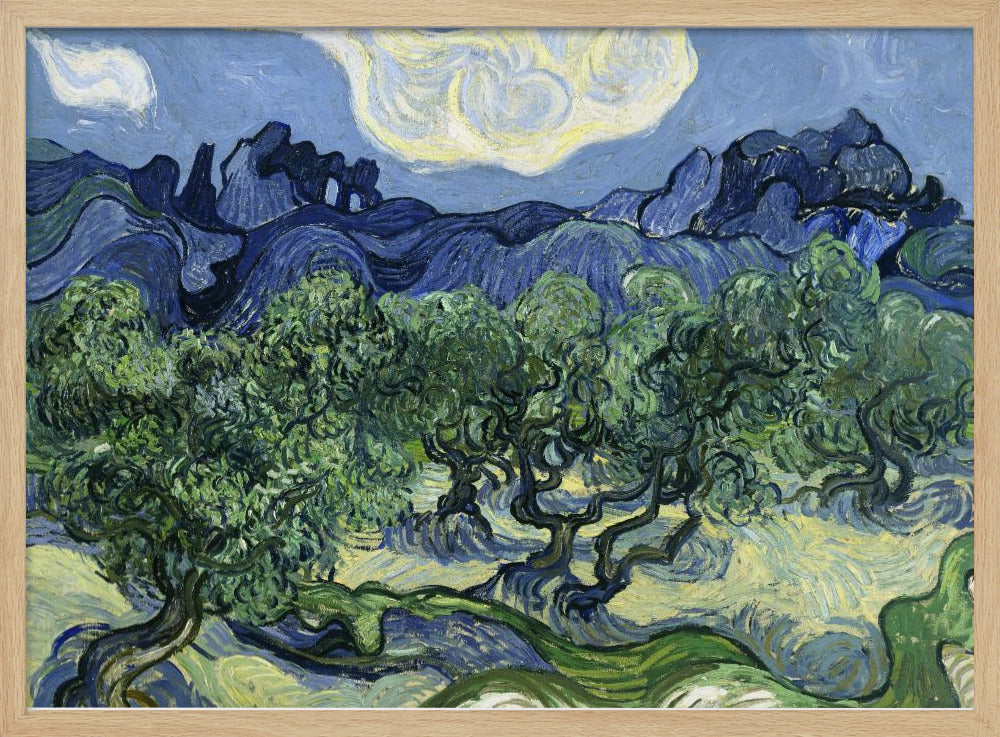A framed post-impressionist painting by Vincent van Gogh depicting a vibrant landscape of gnarled green olive trees against a backdrop of rolling dark blue mountains under a swirling, stylized sky. Artwork