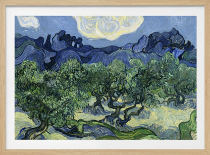 A framed post-impressionist painting by Vincent van Gogh depicting a vibrant landscape of gnarled green olive trees against a backdrop of rolling dark blue mountains under a swirling, stylized sky. Artwork