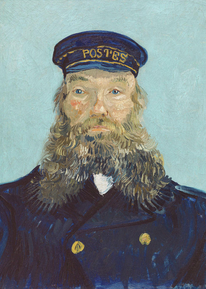A post-impressionist portrait painting of a man with a long, thick beard wearing a dark blue postman's uniform and cap against a solid light blue background. The painting, by Vincent van Gogh, is characterized by its bold colors and visible brushstrokes. Decor