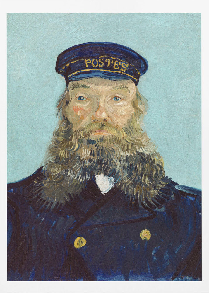 A post-impressionist portrait painting of a man with a long, thick beard wearing a dark blue postman's uniform and cap against a solid light blue background. The painting, by Vincent van Gogh, is characterized by its bold colors and visible brushstrokes. Decor