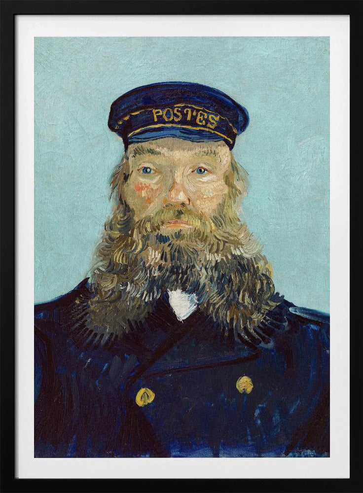 A post-impressionist portrait painting of a man with a long, thick beard wearing a dark blue postman's uniform and cap against a solid light blue background. The painting, by Vincent van Gogh, is characterized by its bold colors and visible brushstrokes. Decor