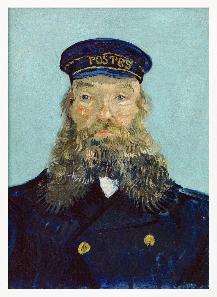 A post-impressionist portrait painting of a man with a long, thick beard wearing a dark blue postman's uniform and cap against a solid light blue background. The painting, by Vincent van Gogh, is characterized by its bold colors and visible brushstrokes. Decor
