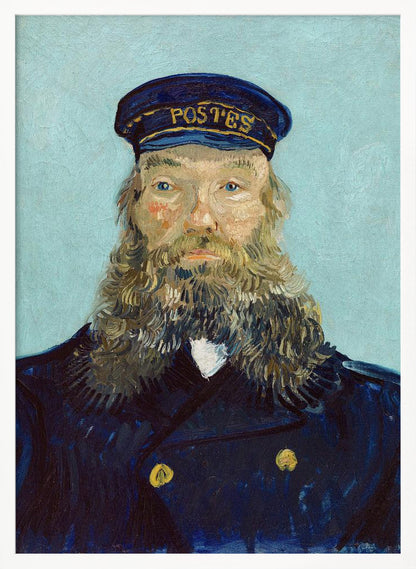 A post-impressionist portrait painting of a man with a long, thick beard wearing a dark blue postman's uniform and cap against a solid light blue background. The painting, by Vincent van Gogh, is characterized by its bold colors and visible brushstrokes. Decor