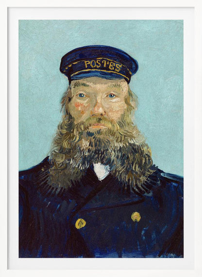 A post-impressionist portrait painting of a man with a long, thick beard wearing a dark blue postman's uniform and cap against a solid light blue background. The painting, by Vincent van Gogh, is characterized by its bold colors and visible brushstrokes. Decor