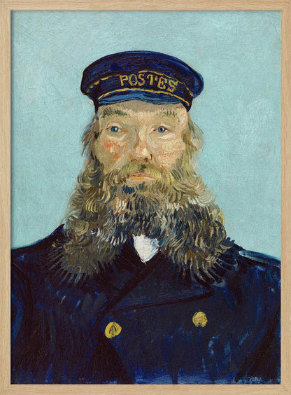 A post-impressionist portrait painting of a man with a long, thick beard wearing a dark blue postman's uniform and cap against a solid light blue background. The painting, by Vincent van Gogh, is characterized by its bold colors and visible brushstrokes. Decor
