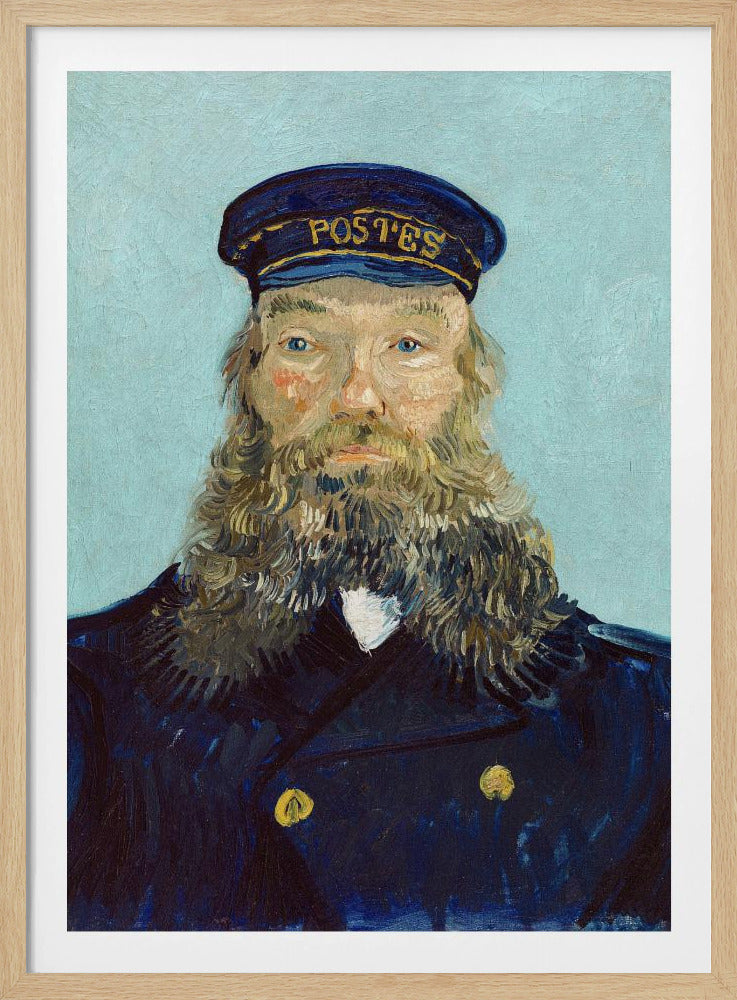 A post-impressionist portrait painting of a man with a long, thick beard wearing a dark blue postman's uniform and cap against a solid light blue background. The painting, by Vincent van Gogh, is characterized by its bold colors and visible brushstrokes. Decor