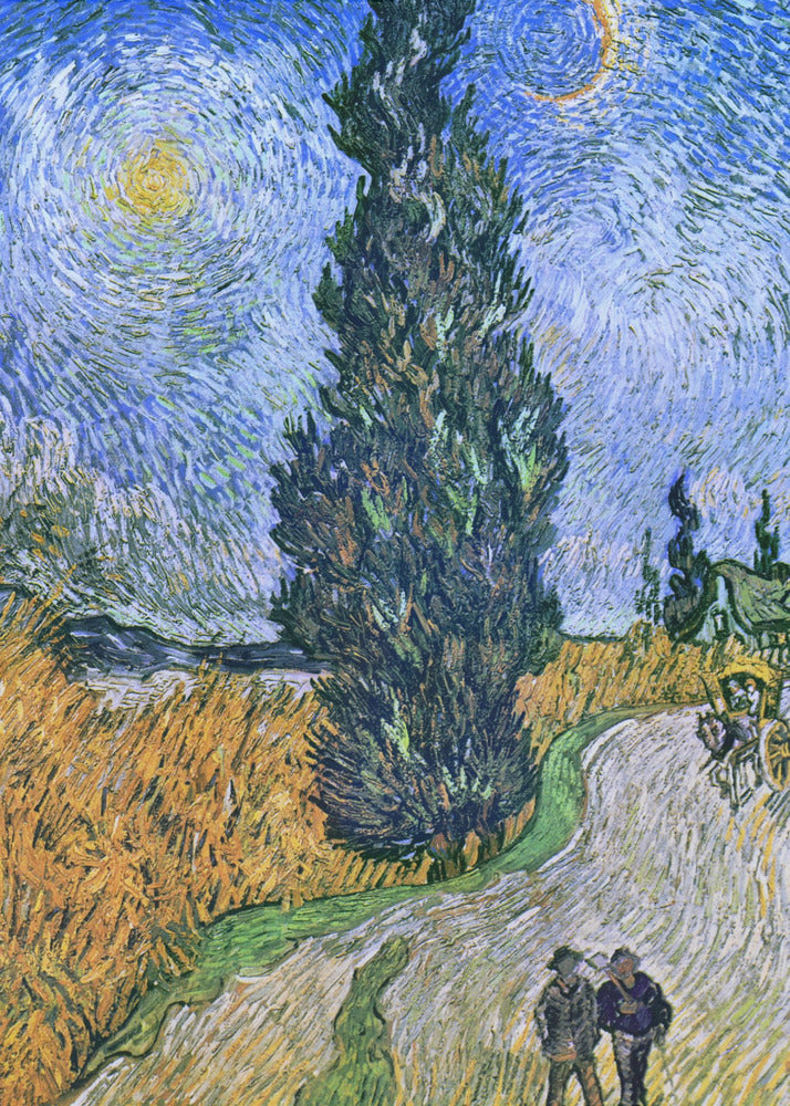 A framed print of Vincent van Gogh's painting 'Wheat Field with Cypresses.' The artwork features a towering, dark green cypress tree at the center, a golden yellow wheat field on the left, and a winding path with two figures and a horse-drawn cart. The sky is a dramatic swirl of blues, with a bright yellow sun and a crescent moon. Artwork