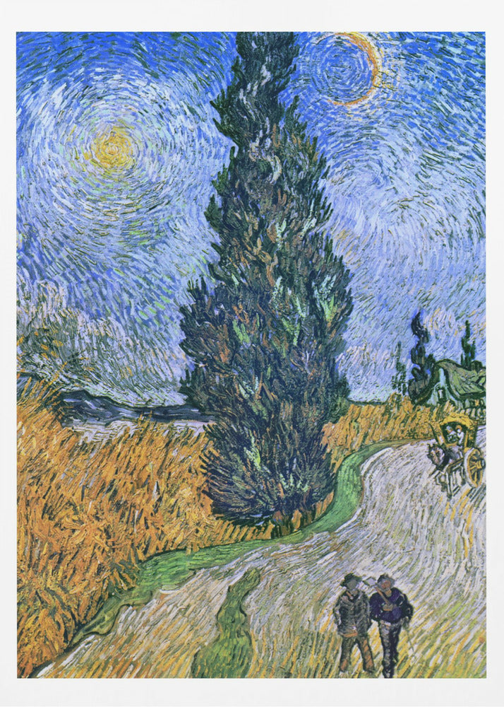 A framed print of Vincent van Gogh's painting 'Wheat Field with Cypresses.' The artwork features a towering, dark green cypress tree at the center, a golden yellow wheat field on the left, and a winding path with two figures and a horse-drawn cart. The sky is a dramatic swirl of blues, with a bright yellow sun and a crescent moon. Artwork