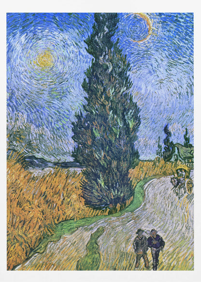A framed print of Vincent van Gogh's painting 'Wheat Field with Cypresses.' The artwork features a towering, dark green cypress tree at the center, a golden yellow wheat field on the left, and a winding path with two figures and a horse-drawn cart. The sky is a dramatic swirl of blues, with a bright yellow sun and a crescent moon. Artwork