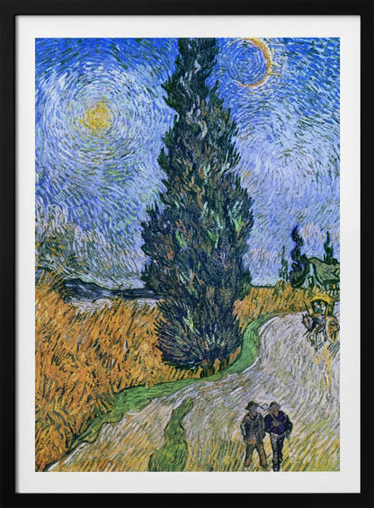 A framed print of Vincent van Gogh's painting 'Wheat Field with Cypresses.' The artwork features a towering, dark green cypress tree at the center, a golden yellow wheat field on the left, and a winding path with two figures and a horse-drawn cart. The sky is a dramatic swirl of blues, with a bright yellow sun and a crescent moon. Artwork