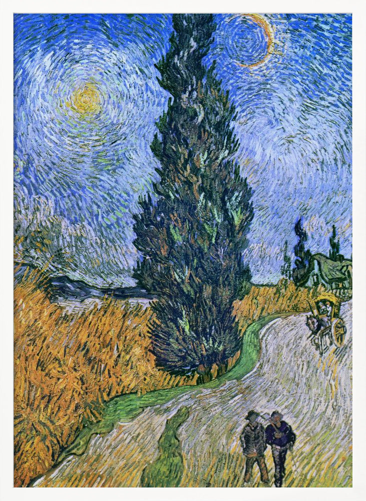 A framed print of Vincent van Gogh's painting 'Wheat Field with Cypresses.' The artwork features a towering, dark green cypress tree at the center, a golden yellow wheat field on the left, and a winding path with two figures and a horse-drawn cart. The sky is a dramatic swirl of blues, with a bright yellow sun and a crescent moon. Artwork
