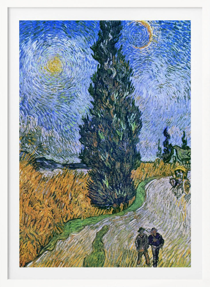 A framed print of Vincent van Gogh's painting 'Wheat Field with Cypresses.' The artwork features a towering, dark green cypress tree at the center, a golden yellow wheat field on the left, and a winding path with two figures and a horse-drawn cart. The sky is a dramatic swirl of blues, with a bright yellow sun and a crescent moon. Artwork
