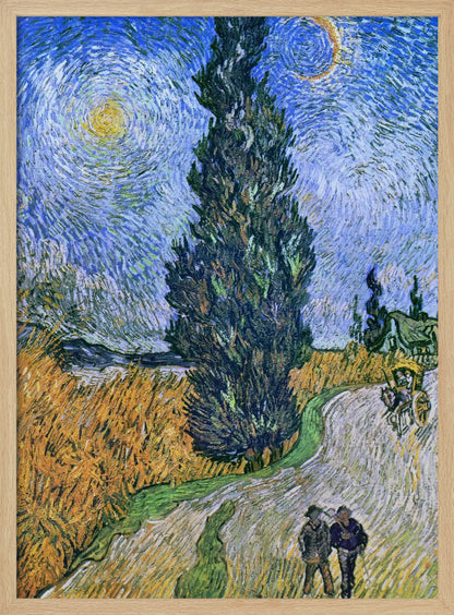 A framed print of Vincent van Gogh's painting 'Wheat Field with Cypresses.' The artwork features a towering, dark green cypress tree at the center, a golden yellow wheat field on the left, and a winding path with two figures and a horse-drawn cart. The sky is a dramatic swirl of blues, with a bright yellow sun and a crescent moon. Artwork