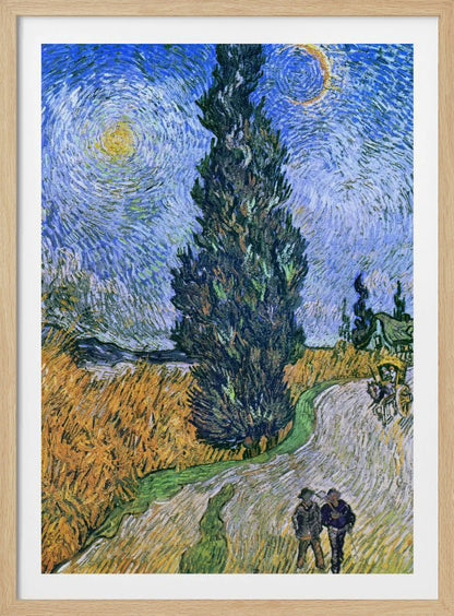 A framed print of Vincent van Gogh's painting 'Wheat Field with Cypresses.' The artwork features a towering, dark green cypress tree at the center, a golden yellow wheat field on the left, and a winding path with two figures and a horse-drawn cart. The sky is a dramatic swirl of blues, with a bright yellow sun and a crescent moon. Artwork