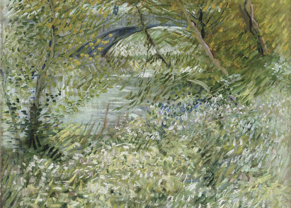 A framed impressionist painting by Vincent van Gogh, depicting the banks of a river. The scene is lush with green foliage and trees. In the foreground, white and blue flowers bloom in the tall grass. A bridge is partially visible in the background through the leaves. The brushwork is energetic and textured. Print