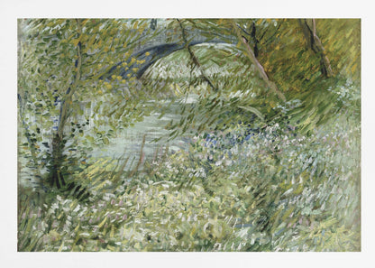 A framed impressionist painting by Vincent van Gogh, depicting the banks of a river. The scene is lush with green foliage and trees. In the foreground, white and blue flowers bloom in the tall grass. A bridge is partially visible in the background through the leaves. The brushwork is energetic and textured. Print