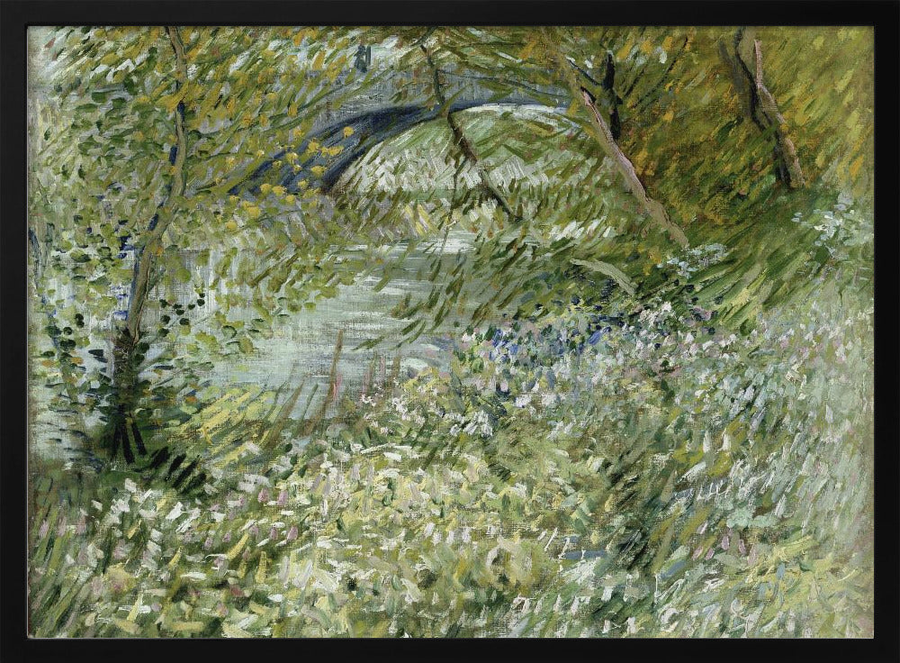 A framed impressionist painting by Vincent van Gogh, depicting the banks of a river. The scene is lush with green foliage and trees. In the foreground, white and blue flowers bloom in the tall grass. A bridge is partially visible in the background through the leaves. The brushwork is energetic and textured. Print