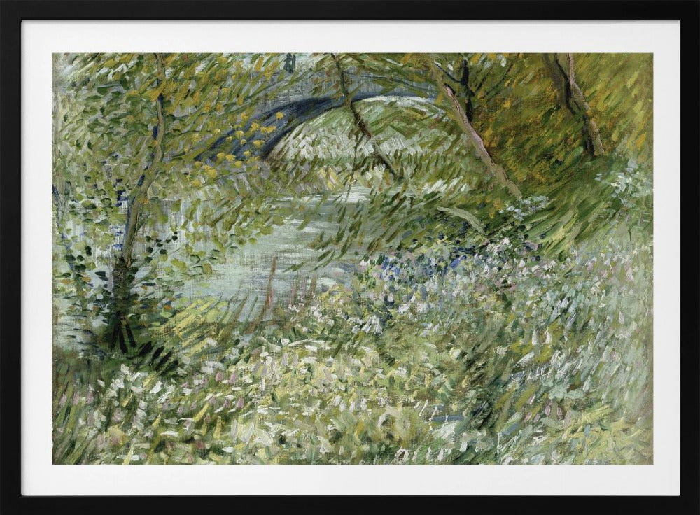 A framed impressionist painting by Vincent van Gogh, depicting the banks of a river. The scene is lush with green foliage and trees. In the foreground, white and blue flowers bloom in the tall grass. A bridge is partially visible in the background through the leaves. The brushwork is energetic and textured. Print