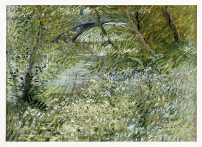 A framed impressionist painting by Vincent van Gogh, depicting the banks of a river. The scene is lush with green foliage and trees. In the foreground, white and blue flowers bloom in the tall grass. A bridge is partially visible in the background through the leaves. The brushwork is energetic and textured. Print