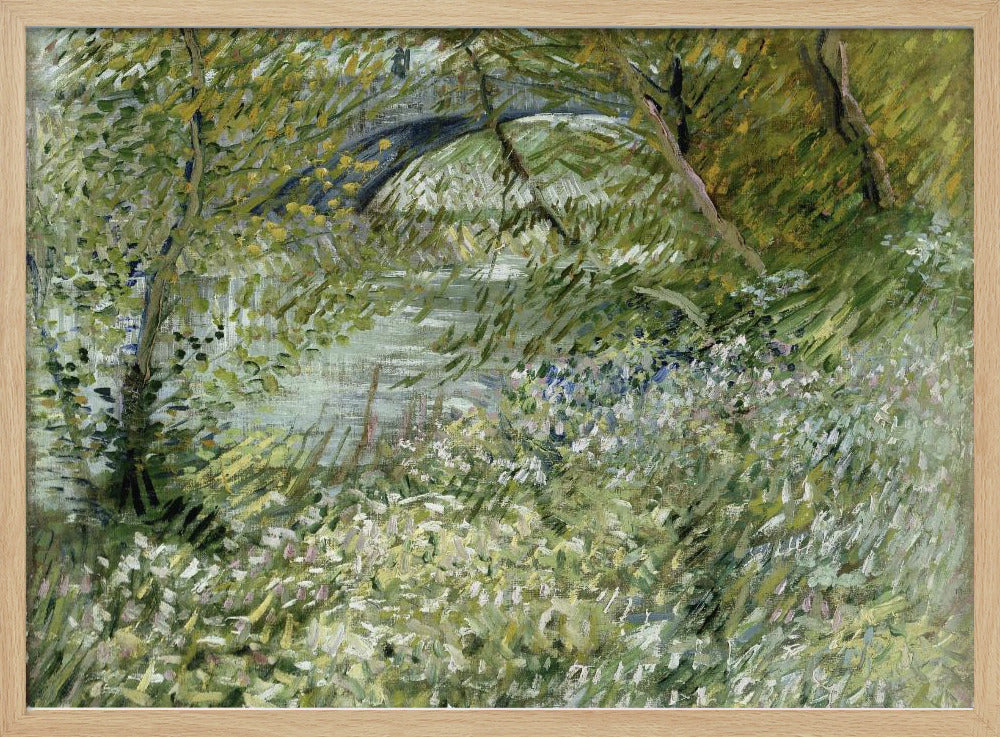 A framed impressionist painting by Vincent van Gogh, depicting the banks of a river. The scene is lush with green foliage and trees. In the foreground, white and blue flowers bloom in the tall grass. A bridge is partially visible in the background through the leaves. The brushwork is energetic and textured. Print