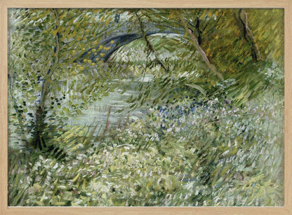 A framed impressionist painting by Vincent van Gogh, depicting the banks of a river. The scene is lush with green foliage and trees. In the foreground, white and blue flowers bloom in the tall grass. A bridge is partially visible in the background through the leaves. The brushwork is energetic and textured. Print