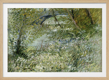 A framed impressionist painting by Vincent van Gogh, depicting the banks of a river. The scene is lush with green foliage and trees. In the foreground, white and blue flowers bloom in the tall grass. A bridge is partially visible in the background through the leaves. The brushwork is energetic and textured. Print