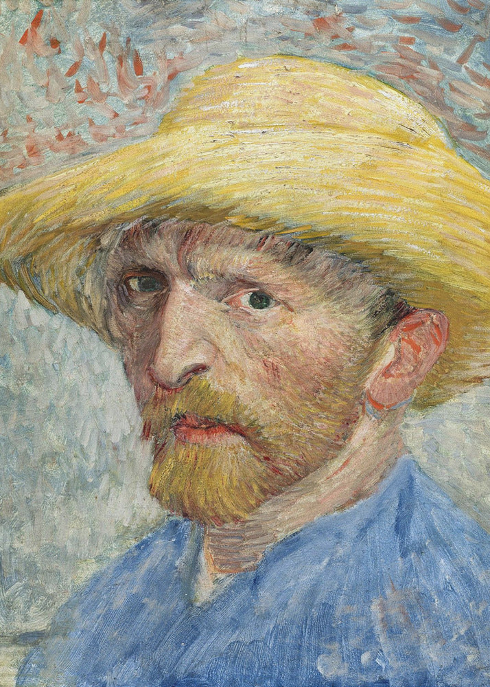 A framed Post-Impressionist self-portrait by Vincent van Gogh. The artist is depicted from the chest up, wearing a vibrant yellow straw hat and a blue smock. He has a reddish-blond beard and an intense, direct gaze. The background is a mix of light blue, white, and red-orange brushstrokes. Artwork