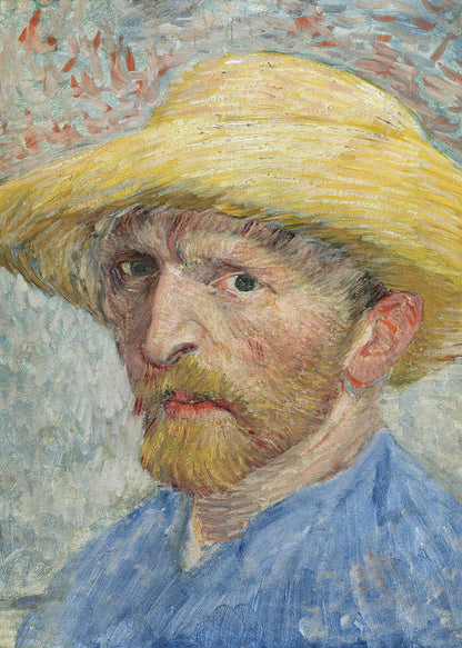 A framed Post-Impressionist self-portrait by Vincent van Gogh. The artist is depicted from the chest up, wearing a vibrant yellow straw hat and a blue smock. He has a reddish-blond beard and an intense, direct gaze. The background is a mix of light blue, white, and red-orange brushstrokes. Artwork