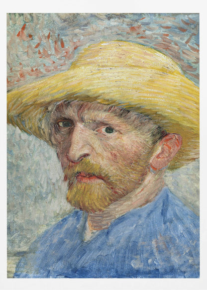 A framed Post-Impressionist self-portrait by Vincent van Gogh. The artist is depicted from the chest up, wearing a vibrant yellow straw hat and a blue smock. He has a reddish-blond beard and an intense, direct gaze. The background is a mix of light blue, white, and red-orange brushstrokes. Artwork