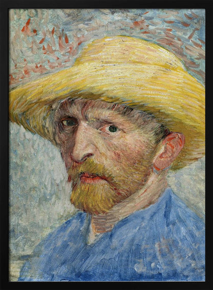 A framed Post-Impressionist self-portrait by Vincent van Gogh. The artist is depicted from the chest up, wearing a vibrant yellow straw hat and a blue smock. He has a reddish-blond beard and an intense, direct gaze. The background is a mix of light blue, white, and red-orange brushstrokes. Artwork