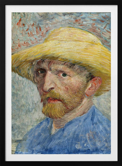 A framed Post-Impressionist self-portrait by Vincent van Gogh. The artist is depicted from the chest up, wearing a vibrant yellow straw hat and a blue smock. He has a reddish-blond beard and an intense, direct gaze. The background is a mix of light blue, white, and red-orange brushstrokes. Artwork