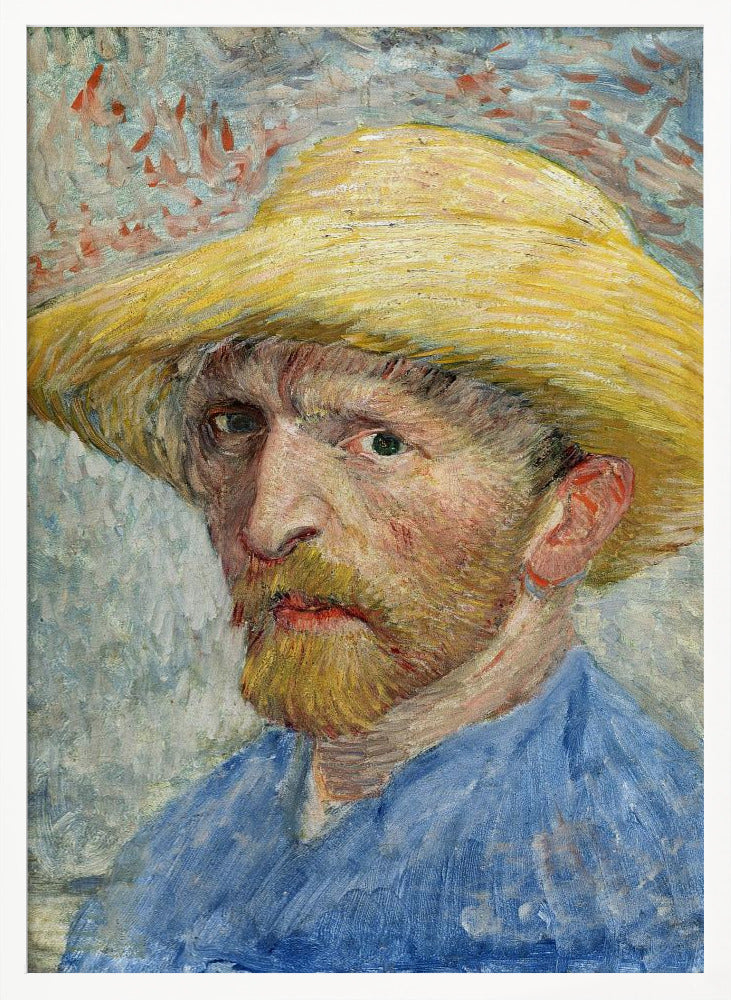A framed Post-Impressionist self-portrait by Vincent van Gogh. The artist is depicted from the chest up, wearing a vibrant yellow straw hat and a blue smock. He has a reddish-blond beard and an intense, direct gaze. The background is a mix of light blue, white, and red-orange brushstrokes. Artwork
