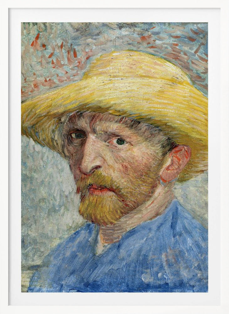 A framed Post-Impressionist self-portrait by Vincent van Gogh. The artist is depicted from the chest up, wearing a vibrant yellow straw hat and a blue smock. He has a reddish-blond beard and an intense, direct gaze. The background is a mix of light blue, white, and red-orange brushstrokes. Artwork