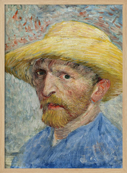 A framed Post-Impressionist self-portrait by Vincent van Gogh. The artist is depicted from the chest up, wearing a vibrant yellow straw hat and a blue smock. He has a reddish-blond beard and an intense, direct gaze. The background is a mix of light blue, white, and red-orange brushstrokes. Artwork