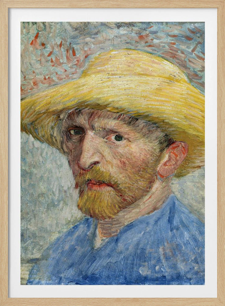 A framed Post-Impressionist self-portrait by Vincent van Gogh. The artist is depicted from the chest up, wearing a vibrant yellow straw hat and a blue smock. He has a reddish-blond beard and an intense, direct gaze. The background is a mix of light blue, white, and red-orange brushstrokes. Artwork