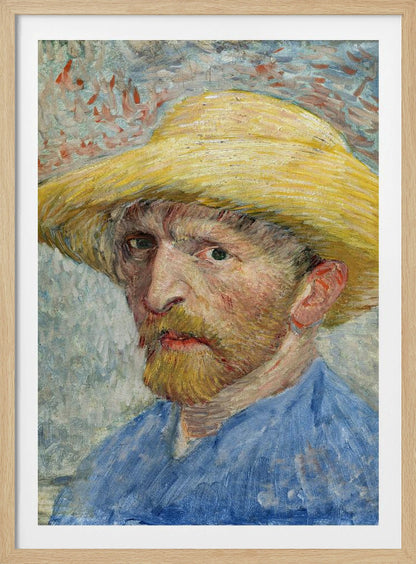 A framed Post-Impressionist self-portrait by Vincent van Gogh. The artist is depicted from the chest up, wearing a vibrant yellow straw hat and a blue smock. He has a reddish-blond beard and an intense, direct gaze. The background is a mix of light blue, white, and red-orange brushstrokes. Artwork
