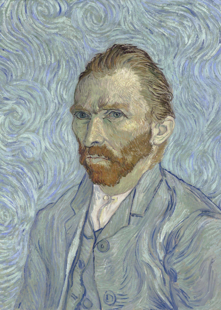 A framed post-impressionist self-portrait by Vincent van Gogh. He is depicted with a stern gaze, reddish hair and beard, and wearing a blue suit against a swirling light blue and white background, all rendered with thick, expressive brushstrokes. Print