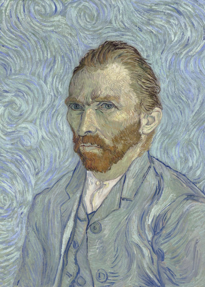 A framed post-impressionist self-portrait by Vincent van Gogh. He is depicted with a stern gaze, reddish hair and beard, and wearing a blue suit against a swirling light blue and white background, all rendered with thick, expressive brushstrokes. Print