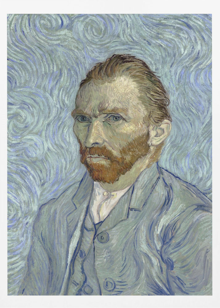 A framed post-impressionist self-portrait by Vincent van Gogh. He is depicted with a stern gaze, reddish hair and beard, and wearing a blue suit against a swirling light blue and white background, all rendered with thick, expressive brushstrokes. Print