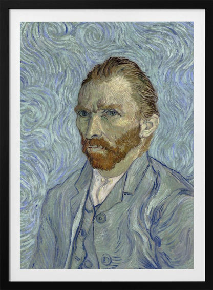 A framed post-impressionist self-portrait by Vincent van Gogh. He is depicted with a stern gaze, reddish hair and beard, and wearing a blue suit against a swirling light blue and white background, all rendered with thick, expressive brushstrokes. Print