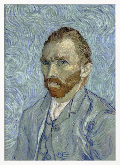 A framed post-impressionist self-portrait by Vincent van Gogh. He is depicted with a stern gaze, reddish hair and beard, and wearing a blue suit against a swirling light blue and white background, all rendered with thick, expressive brushstrokes. Print