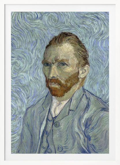 A framed post-impressionist self-portrait by Vincent van Gogh. He is depicted with a stern gaze, reddish hair and beard, and wearing a blue suit against a swirling light blue and white background, all rendered with thick, expressive brushstrokes. Print