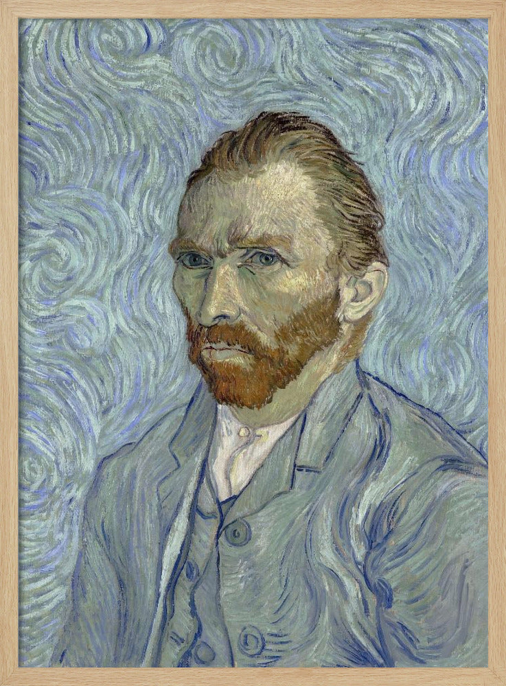 A framed post-impressionist self-portrait by Vincent van Gogh. He is depicted with a stern gaze, reddish hair and beard, and wearing a blue suit against a swirling light blue and white background, all rendered with thick, expressive brushstrokes. Print
