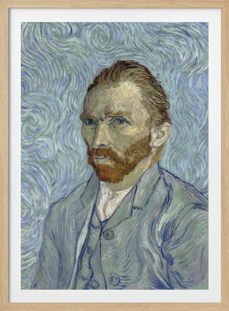 A framed post-impressionist self-portrait by Vincent van Gogh. He is depicted with a stern gaze, reddish hair and beard, and wearing a blue suit against a swirling light blue and white background, all rendered with thick, expressive brushstrokes. Print
