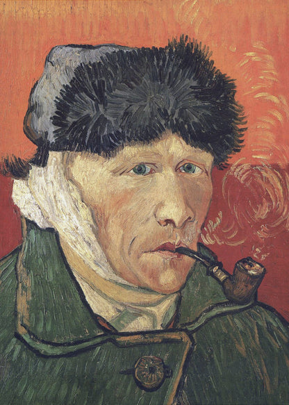 Vincent van Gogh's 'Self-Portrait with Bandaged Ear and Pipe', showing the artist in a green coat and dark hat, with a bandage on his ear, smoking a pipe against a bright red-orange background. Wall Art