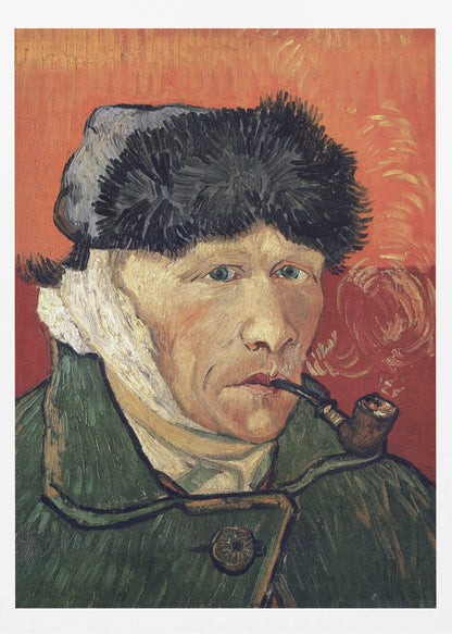 Vincent van Gogh's 'Self-Portrait with Bandaged Ear and Pipe', showing the artist in a green coat and dark hat, with a bandage on his ear, smoking a pipe against a bright red-orange background. Wall Art