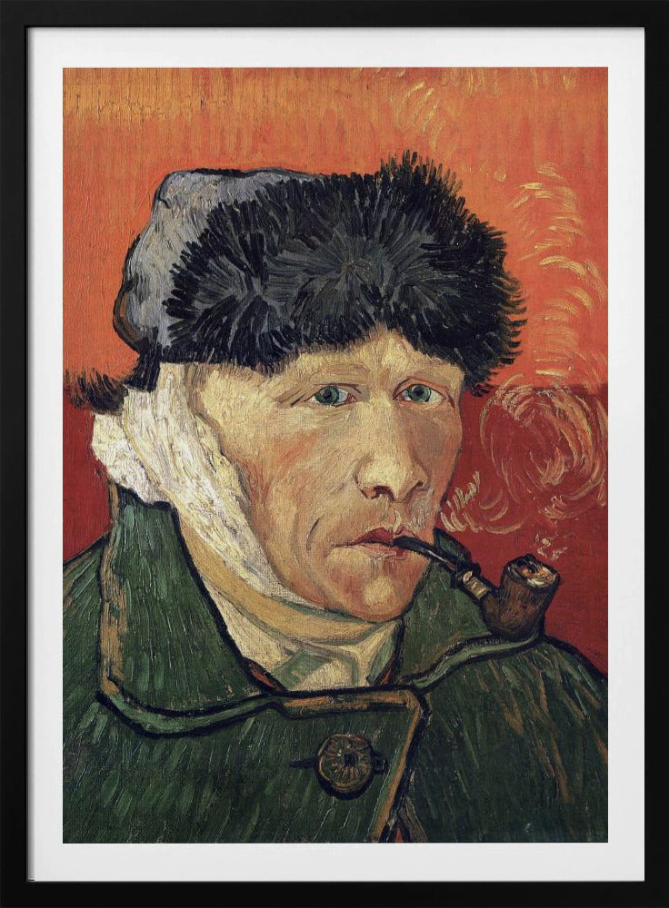 Vincent van Gogh's 'Self-Portrait with Bandaged Ear and Pipe', showing the artist in a green coat and dark hat, with a bandage on his ear, smoking a pipe against a bright red-orange background. Wall Art