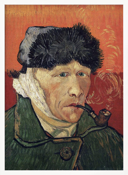 Vincent van Gogh's 'Self-Portrait with Bandaged Ear and Pipe', showing the artist in a green coat and dark hat, with a bandage on his ear, smoking a pipe against a bright red-orange background. Wall Art